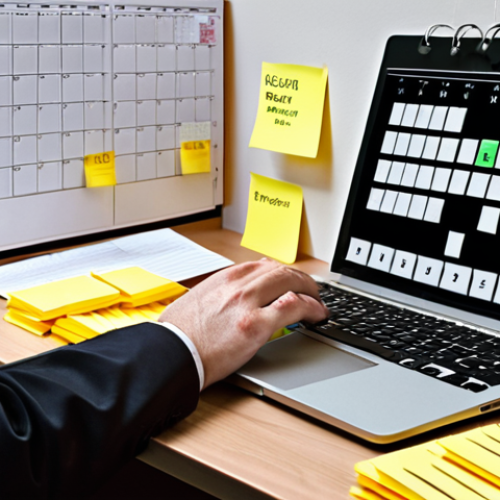Home 4 **Image Prompt:** A person working at a clean desk with a digital calendar open on a laptop displaying time blocks allocated for specific tasks, surrounded by sticky notes organized using the Eisenhower Matrix (Urgent/Important).